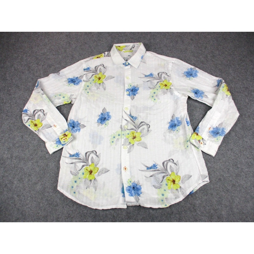 Tommy Bahama Shirt Men Large White Linen Blend Floral Button Up Relaxed Tropical